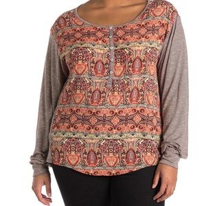 Baea Mix Henley Marrakesh Print Top - Heathered Dusty Pink